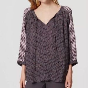 LOFT Mixed Geo Peasant Blouse Brown Tile Floral - Sz Small